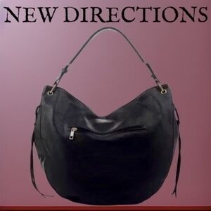 NWT NEW DIRECTIONS Vegan Leather Hobo/Compartment Shoulder Bag-Black